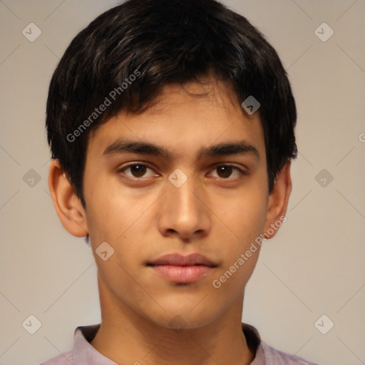 Neutral latino young-adult male with short  black hair and brown eyes