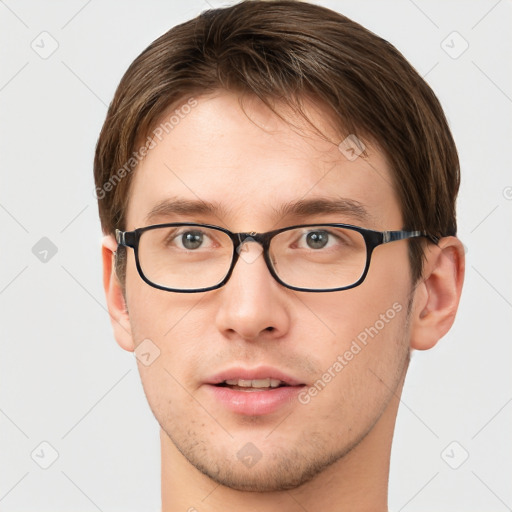 Neutral white young-adult male with short  brown hair and grey eyes