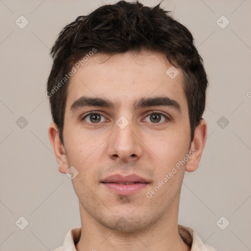 Neutral white young-adult male with short  brown hair and brown eyes