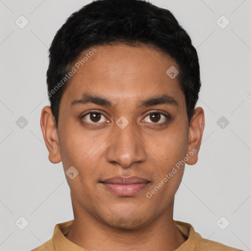 Joyful latino young-adult male with short  black hair and brown eyes