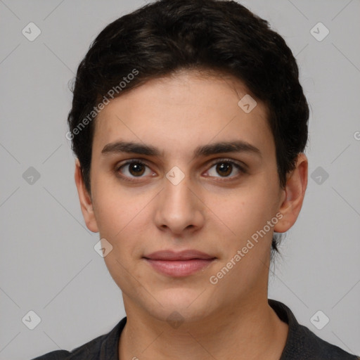 Joyful white young-adult female with short  brown hair and brown eyes