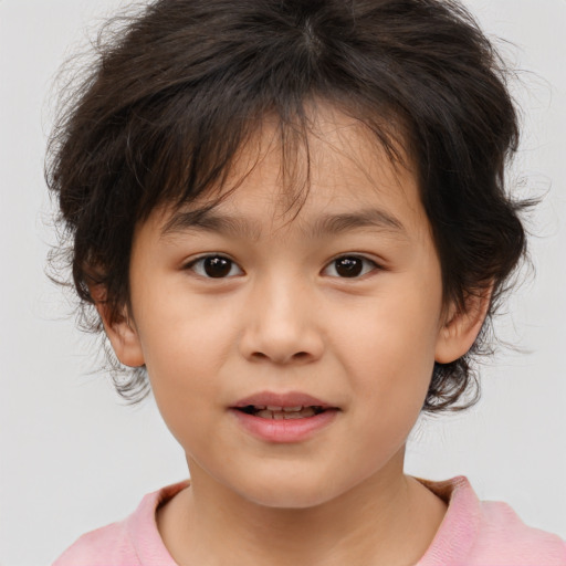 Joyful white child female with medium  brown hair and brown eyes