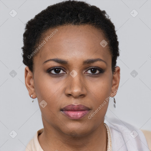 Neutral black young-adult female with short  brown hair and brown eyes