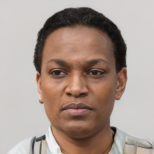 Neutral latino adult female with short  black hair and brown eyes