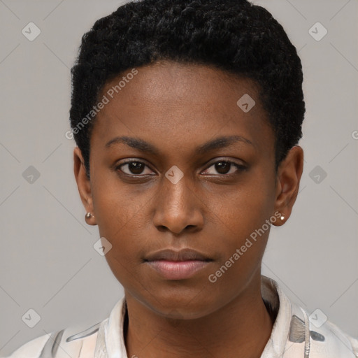 Neutral black young-adult female with short  brown hair and brown eyes