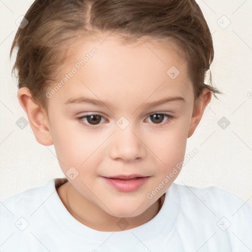 Joyful white child female with short  brown hair and brown eyes