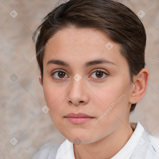 Neutral white young-adult female with medium  brown hair and brown eyes