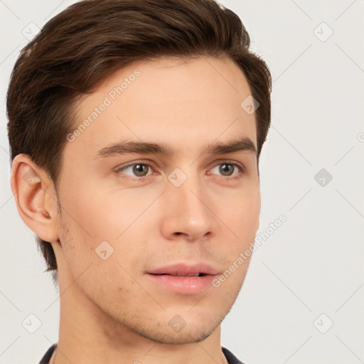 Neutral white young-adult male with short  brown hair and brown eyes