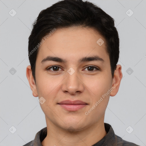 Joyful white young-adult male with short  black hair and brown eyes