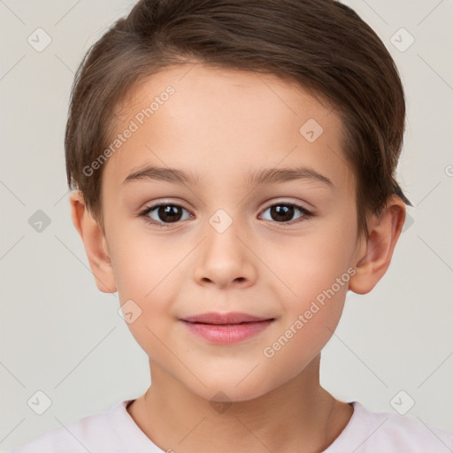 Joyful white child female with short  brown hair and brown eyes