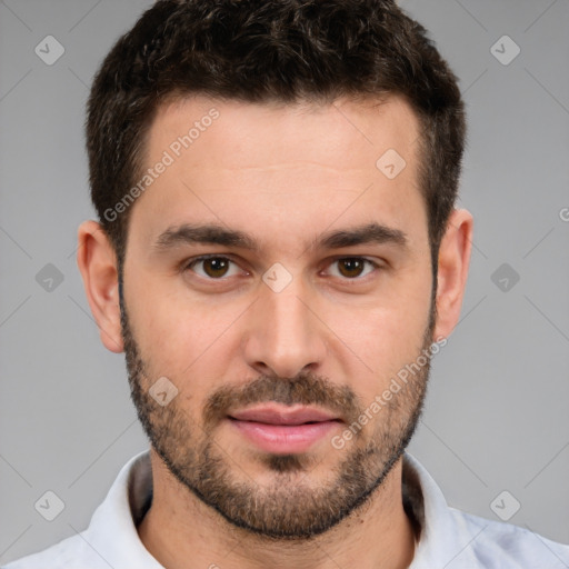 Neutral white young-adult male with short  brown hair and brown eyes