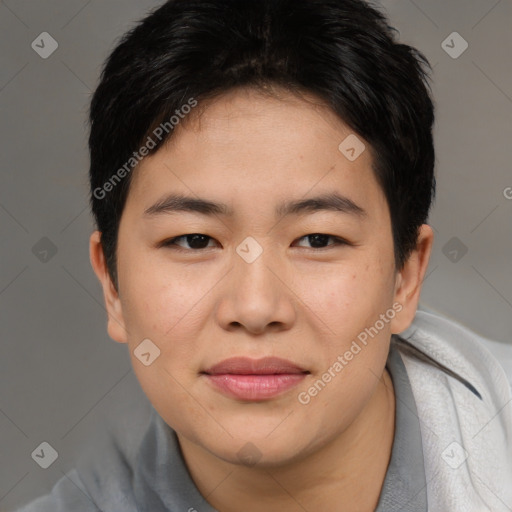 Joyful asian young-adult female with short  brown hair and brown eyes