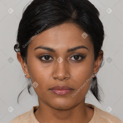 Neutral asian young-adult female with medium  brown hair and brown eyes