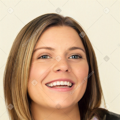 Joyful white young-adult female with long  brown hair and green eyes