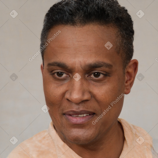 Joyful black adult male with short  black hair and brown eyes