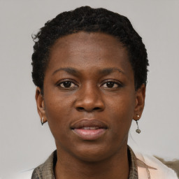 Neutral black young-adult female with short  black hair and brown eyes