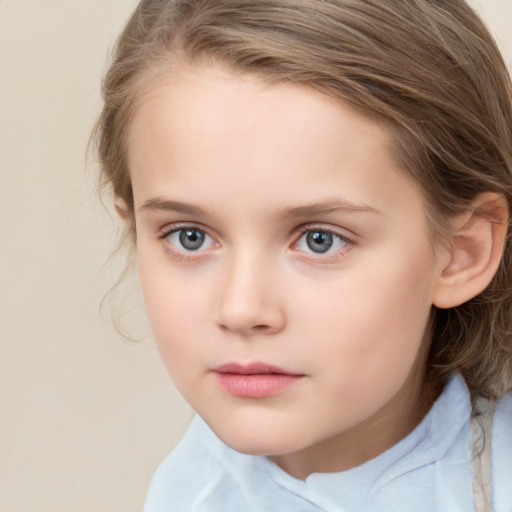 Neutral white child female with medium  brown hair and grey eyes