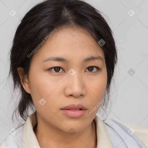 Neutral asian young-adult female with medium  brown hair and brown eyes