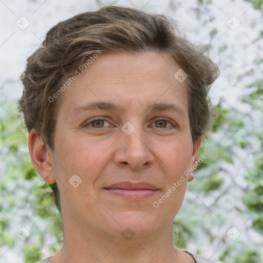 Joyful white adult female with short  brown hair and brown eyes