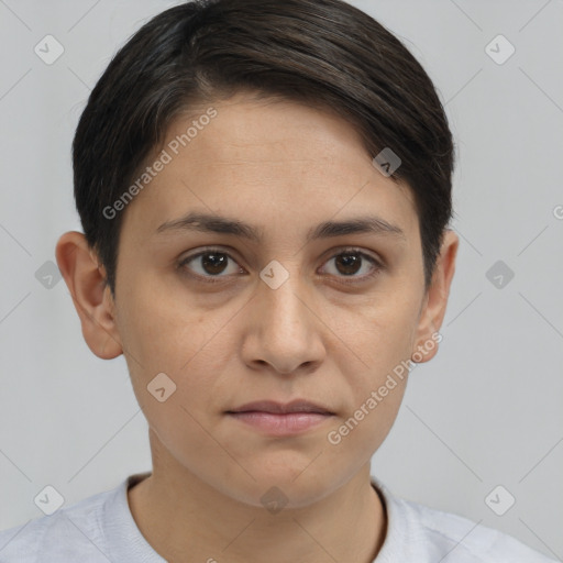 Joyful white young-adult female with short  brown hair and brown eyes