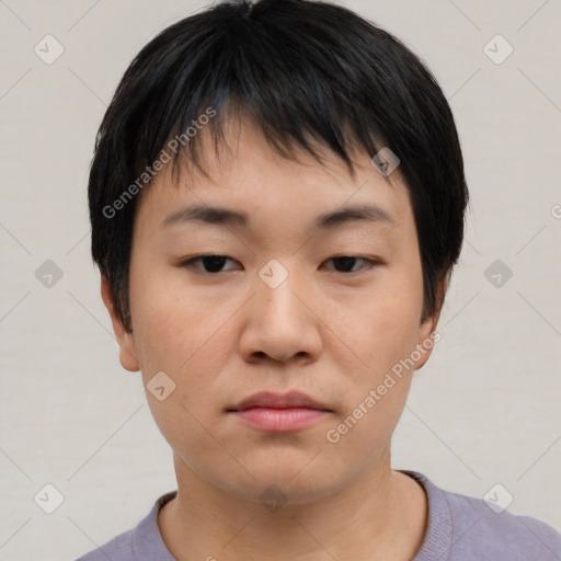 Neutral asian young-adult male with short  black hair and brown eyes