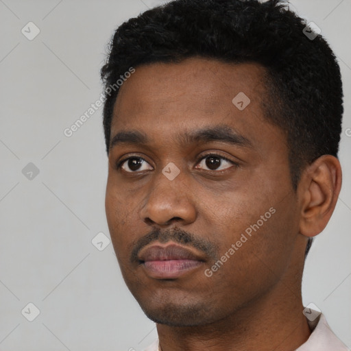 Neutral black young-adult male with short  black hair and brown eyes