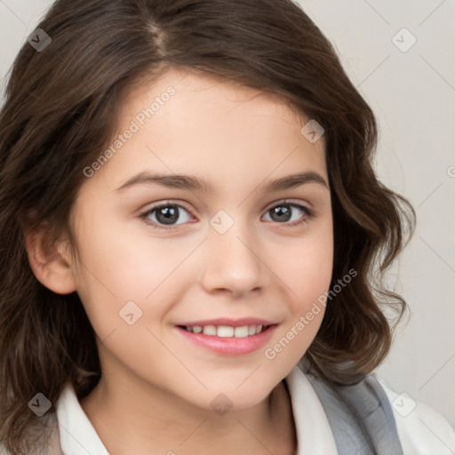 Joyful white child female with medium  brown hair and brown eyes