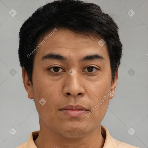 Neutral asian young-adult male with short  brown hair and brown eyes