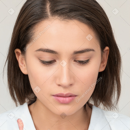 Neutral white young-adult female with medium  brown hair and brown eyes