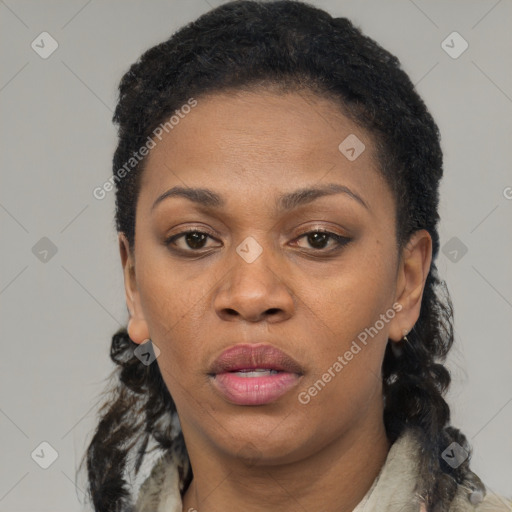 Neutral black young-adult female with short  black hair and brown eyes