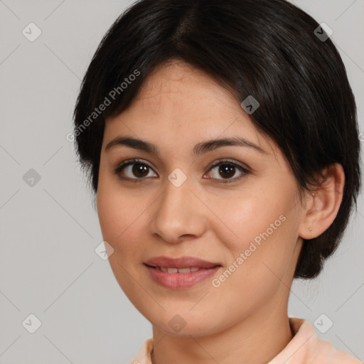 Joyful latino young-adult female with medium  brown hair and brown eyes