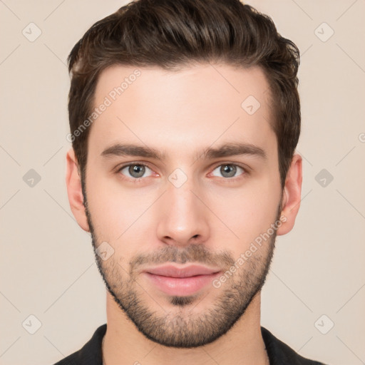 Neutral white young-adult male with short  brown hair and brown eyes