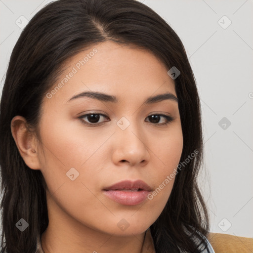 Neutral asian young-adult female with long  brown hair and brown eyes