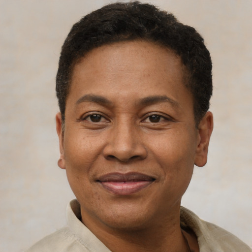 Joyful latino adult female with short  black hair and brown eyes