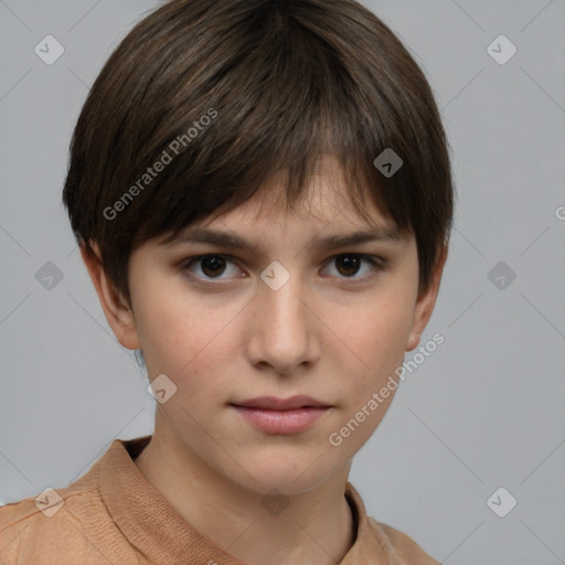 Neutral white young-adult female with short  brown hair and brown eyes