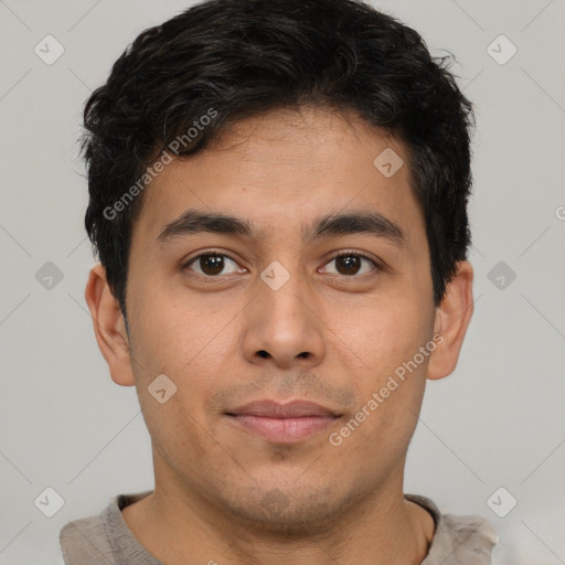 Neutral latino young-adult male with short  brown hair and brown eyes