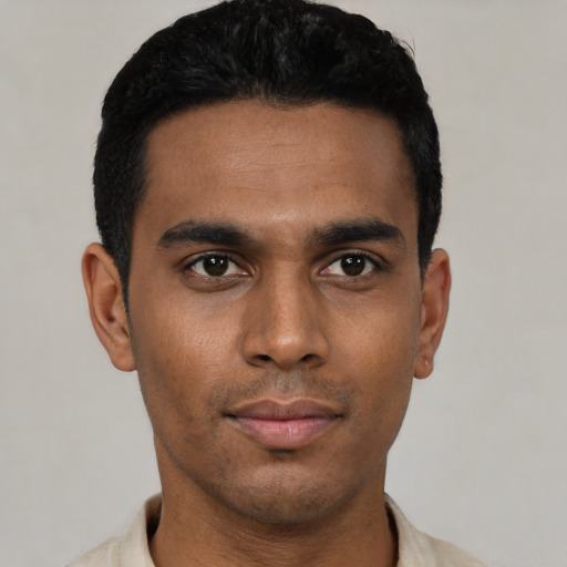 Neutral latino young-adult male with short  black hair and brown eyes