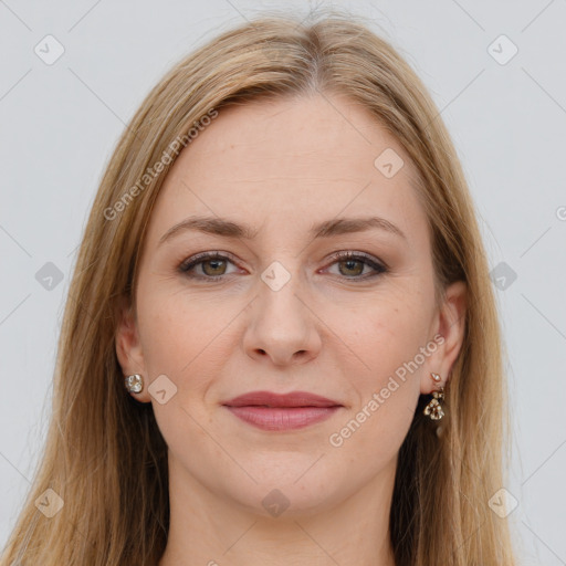 Joyful white young-adult female with long  brown hair and grey eyes