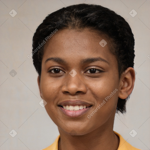 Joyful latino young-adult female with short  black hair and brown eyes