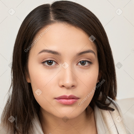 Neutral white young-adult female with long  brown hair and brown eyes