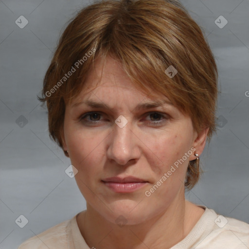 Joyful white adult female with medium  brown hair and brown eyes