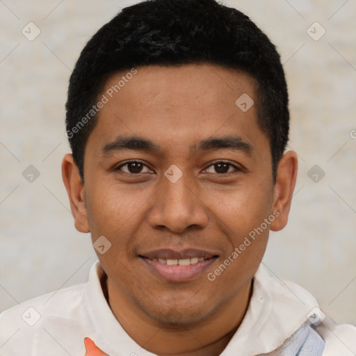 Joyful latino young-adult male with short  black hair and brown eyes