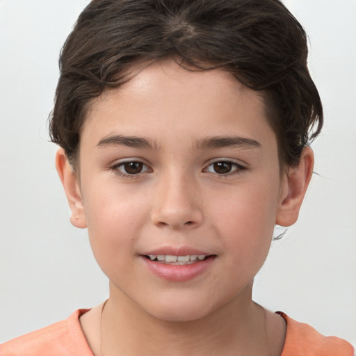 Joyful white child female with short  brown hair and brown eyes