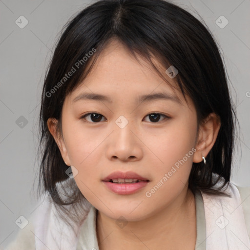 Neutral asian young-adult female with medium  brown hair and brown eyes