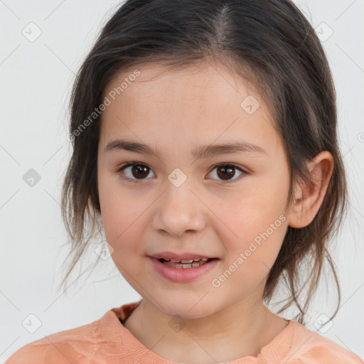 Joyful white child female with medium  brown hair and brown eyes