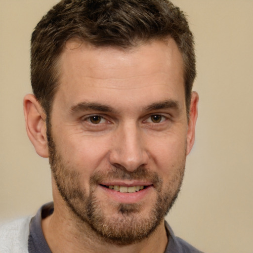 Joyful white adult male with short  brown hair and brown eyes