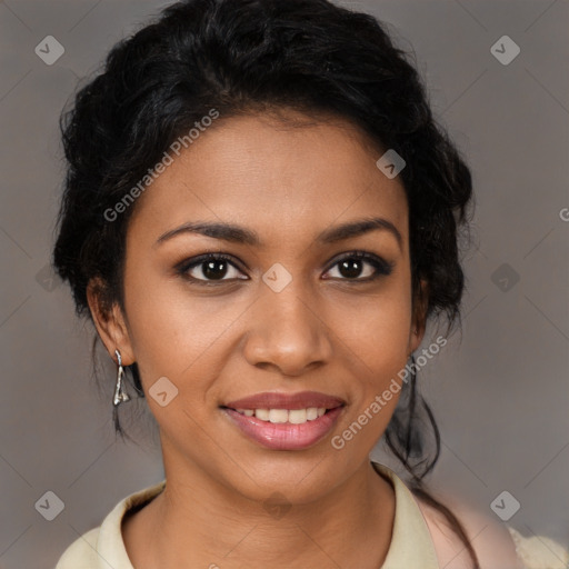 Joyful black young-adult female with medium  brown hair and brown eyes