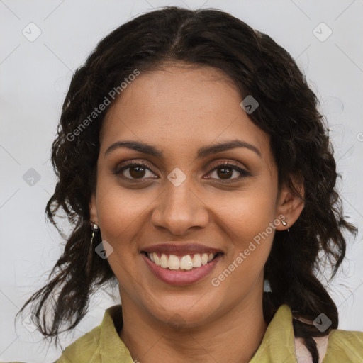 Joyful latino young-adult female with medium  brown hair and brown eyes