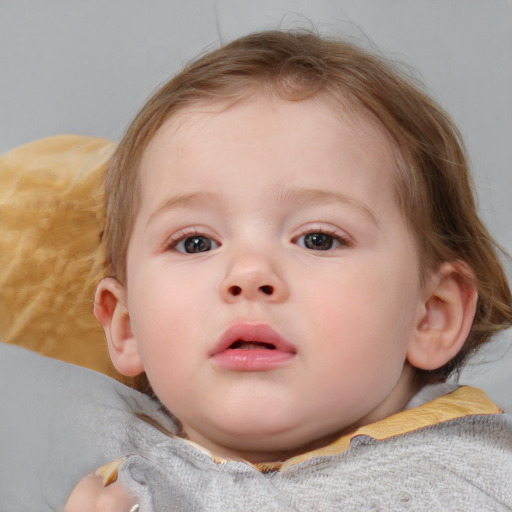 Neutral white child female with medium  brown hair and blue eyes