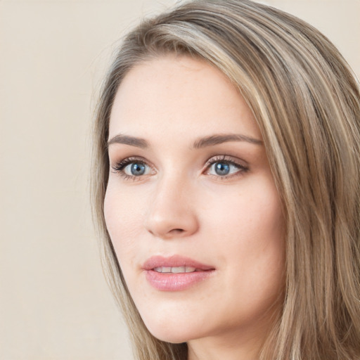 Neutral white young-adult female with long  brown hair and grey eyes